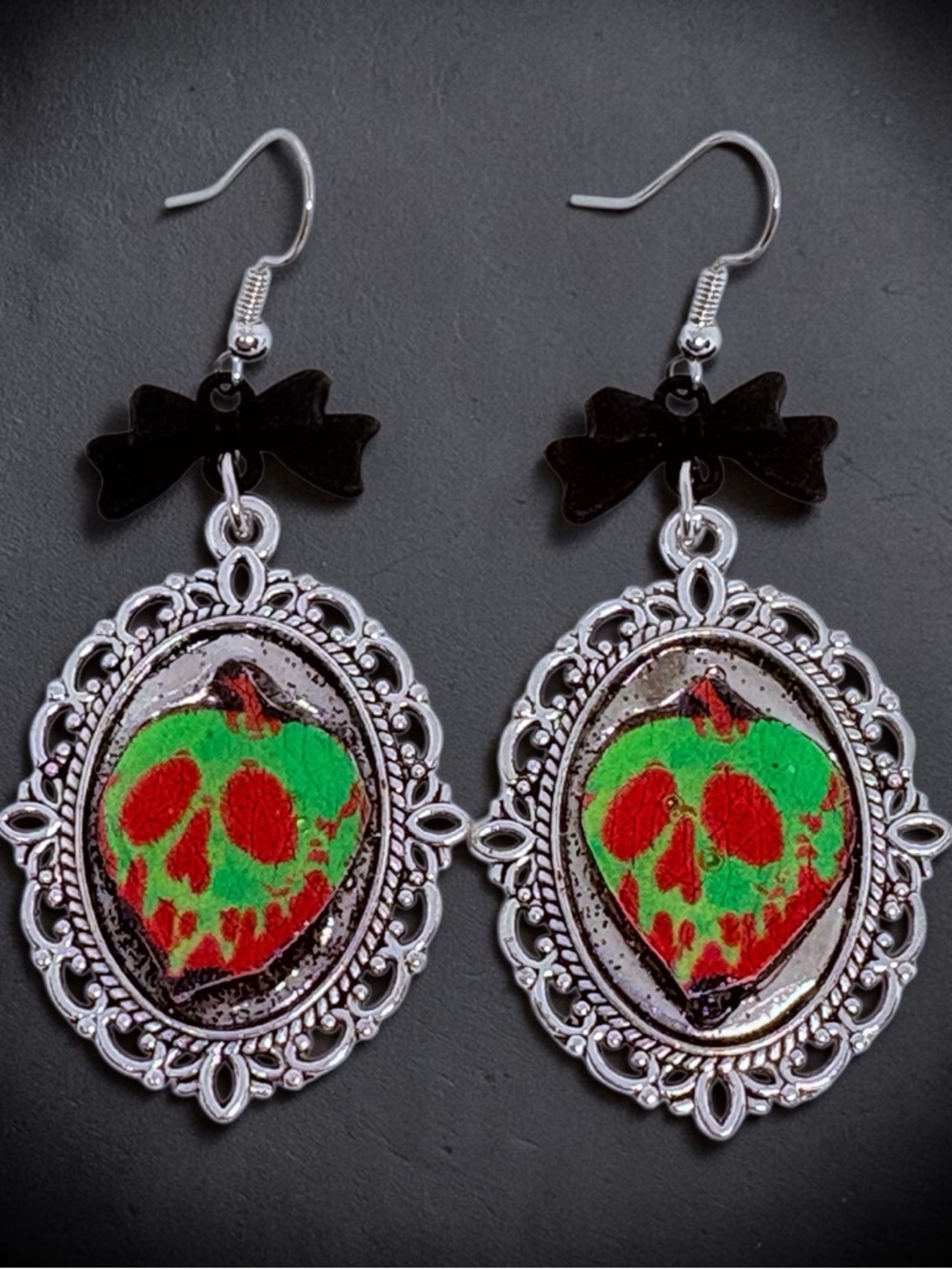 Silver Frame Green & Red Skull Apple Drop Earrings